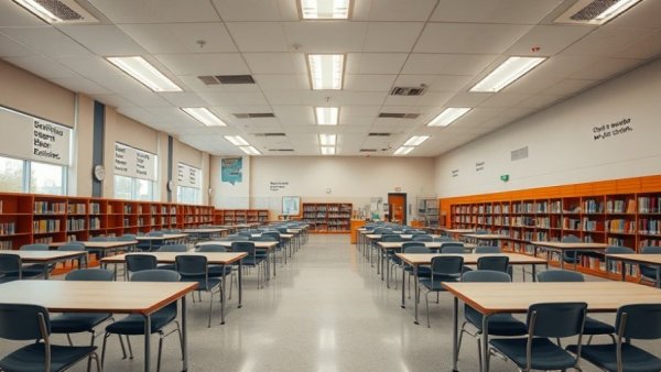 Empty school library, potential Texas school voucher program applications setting, tables and chairs neatly arranged.