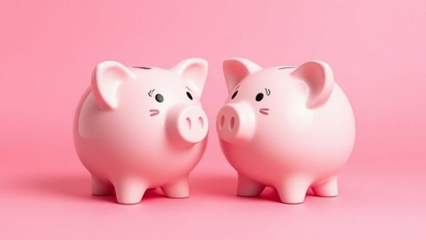 Two piggy banks face off on pink backdrop, money market account vs CD.