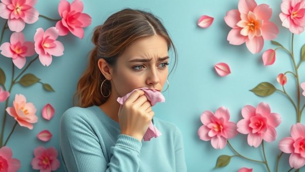 Young woman experiencing allergies, holding handkerchief, allergy medications effectiveness context.