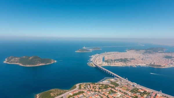 Aerial view of a coastal city with a bridge and calm waters, illustrating paddleboarding safety.