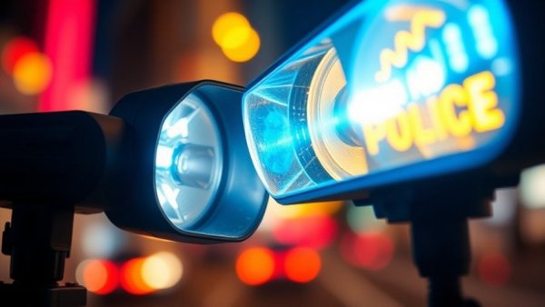 Blue police light at night in Dallas, crime news backdrop.