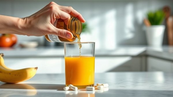 Person pouring NMN supplements with orange juice on countertop.