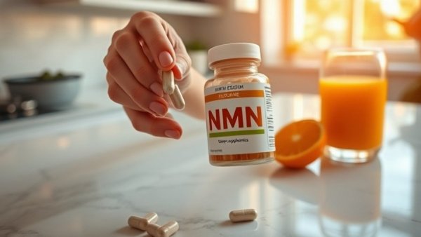 NMN supplements reverse aging; close-up of hands with pills and juice.