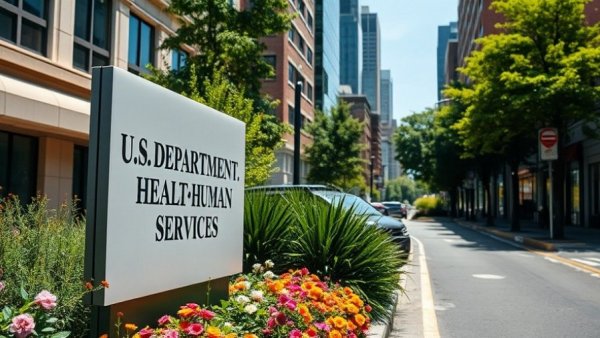 HHS building sign amid urban garden setting