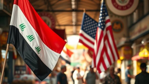 Iraqi and American flags in a bustling market, Shelly Kittleson kidnapped in Iraq.