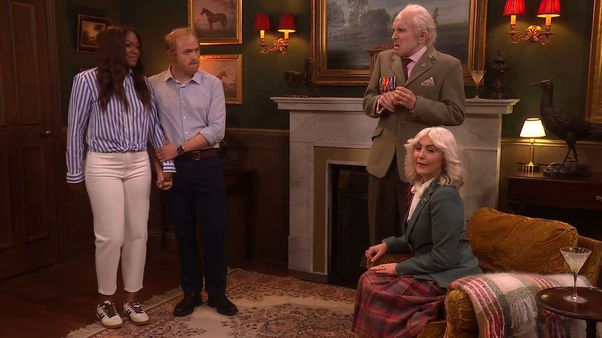 Happy couple walking outdoors, Prince Harry roast on SNL.