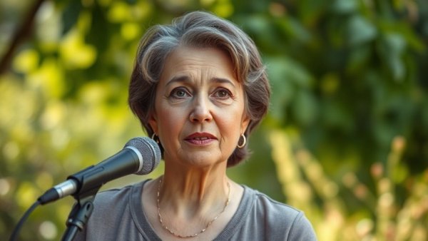 Thoughtful middle-aged woman discussing healthy aging tips in a studio.