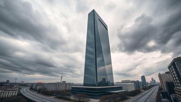 Modern coworking spaces Austin building exterior, cloudy day