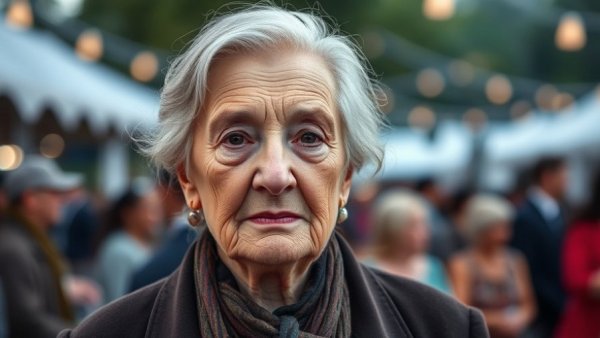 Elderly woman in red jacket, serious expression at outdoor event.