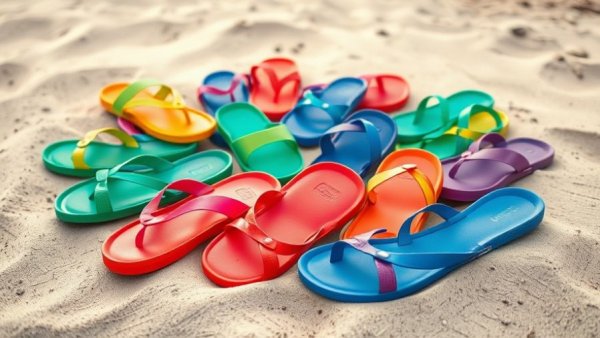 Colorful sandals on sandy ground at Birkenstock outlet store San Marcos Texas.