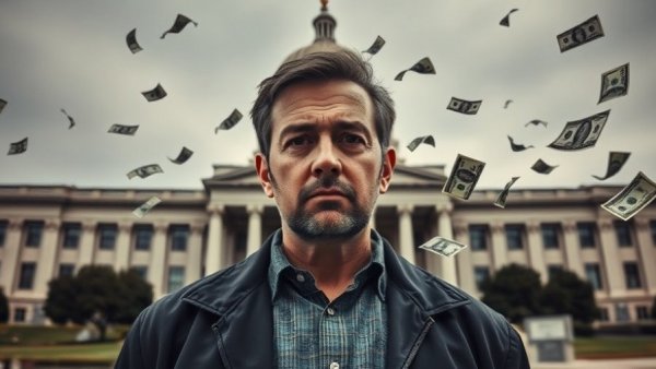 Concerned male in front of California Capitol with money flying, symbolizing hospice fraud in California.