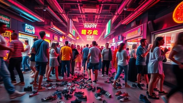 Indoor scene with lively energy and scattered shoes, capturing teen takeovers.