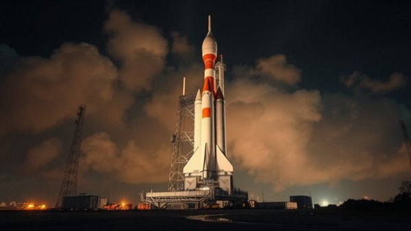 NASA Artemis II mission rocket on launch pad at night