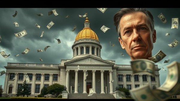 California government building and scattered money illustration for hospice fraud.