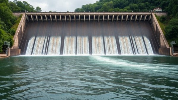 Austin flood management dam structure with water flow.