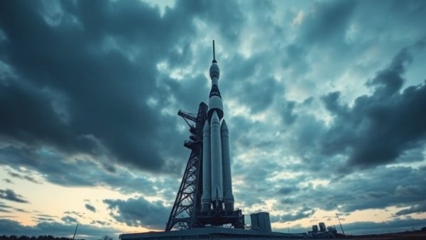 NASA Artemis II mission rocket on launch pad at dusk.