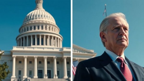 Birthright citizenship debate: split image of courthouse and serious man.
