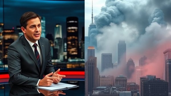 News anchor discussing strategies to eliminate Iran threats alongside smoky city backdrop.