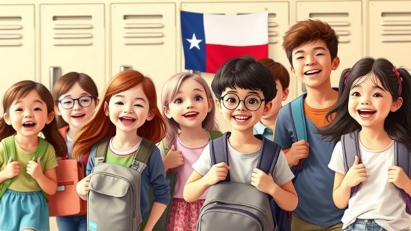 Diverse children walking in Texas school hallway, cartoon illustration.