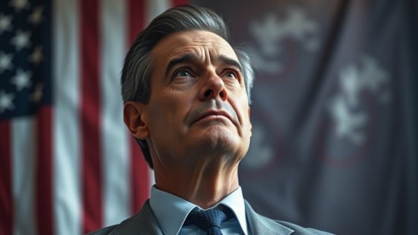 Distinguished man in thoughtful pose against flag backdrop, retrospective reconsideration of citizenship concept.