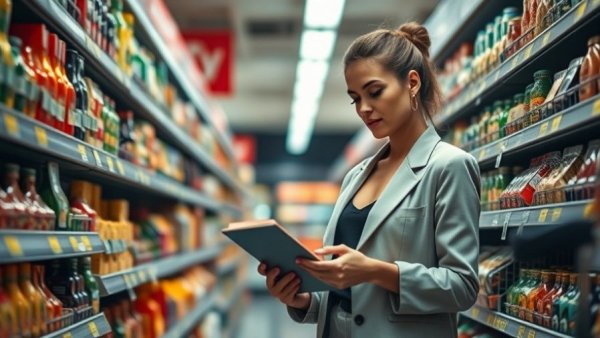 Woman shopping reading food labels in supermarket