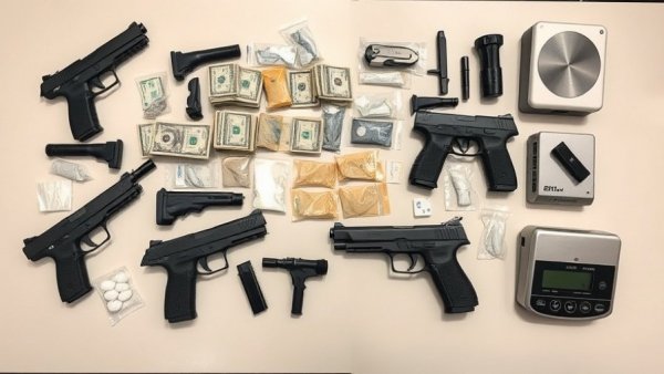 Crime scene items including guns, drugs, money, and scales in Dallas.