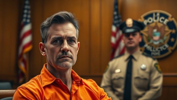 NYPD cop's killer convicted in courtroom alongside police officer portrait.