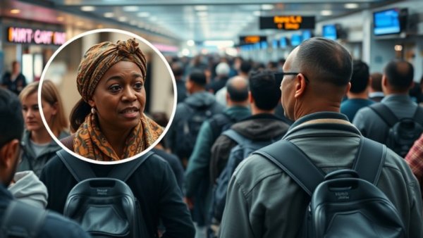 Airport security line and DHS shutdown blame discussion inset.