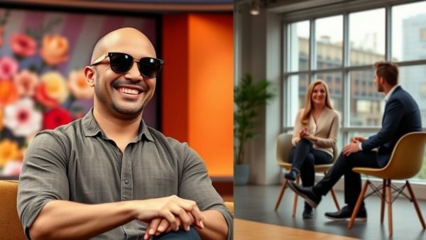 Howie Mandel regrets apologizing; bald man with sunglasses on talk show.