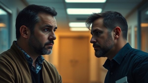 Cinematic scene of two men in a reflective conversation, daily prayer routine.