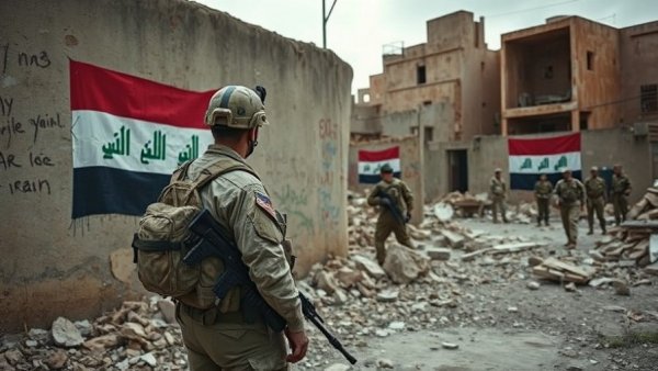 US embassy warning image with military scene and Iraqi flag graffiti.