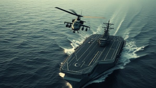 Military helicopter over aircraft carrier with Middle East map.