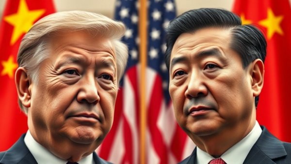 Illustration of political figures with USA and China flags in background, discussing birthright citizenship in the US.