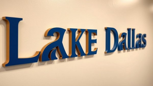 Lake Dallas logo, related to gas leak news, displayed on wall.