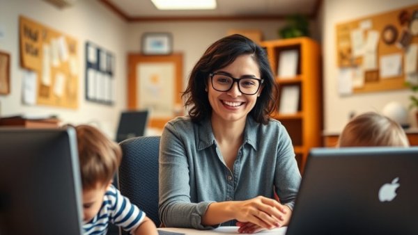 Infants at work program Tyler office scene with smiling woman and toddlers.
