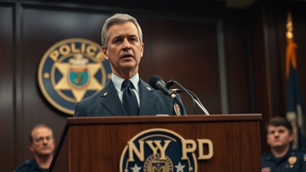 NYPD official addressing crime statistics at police podium.