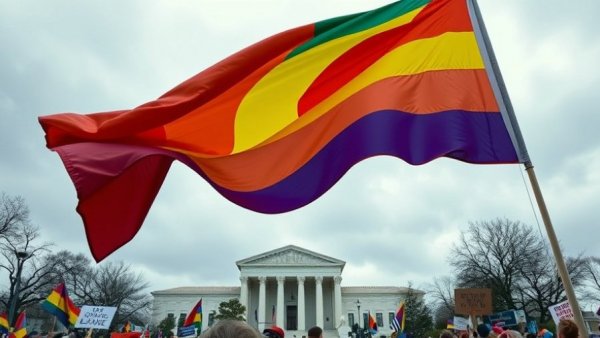 Rainbow flag at Supreme Court, LGBTQ conversion therapy ban protest.