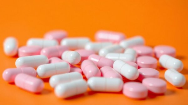 Close-up of Foundayo and Wegovy pills on orange background.