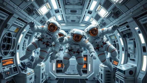 Astronauts experiencing life aboard Orion spacecraft in zero gravity.