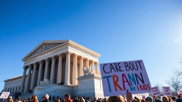 US Supreme Court and trans rights protest sign in urban setting