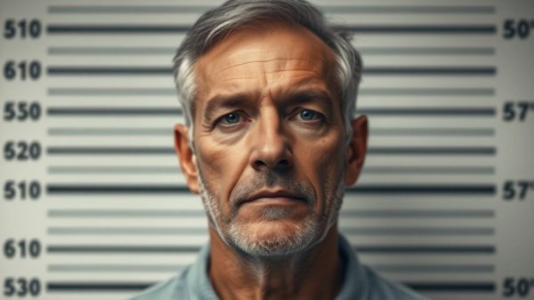 Blurred mugshot of alleged former ICE agent against height chart.