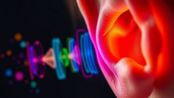 Close-up of ear with colorful sound waves representing gene therapy restores hearing.
