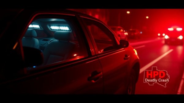 Houston news accident scene with crash map and vehicle.