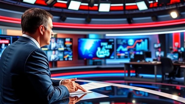 News anchor delivering Trump breaking news today in digital studio.