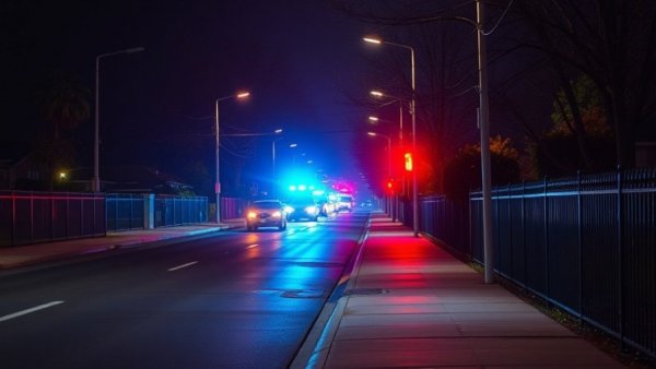 Austin news crime scene with police lights reflecting on a dark street.