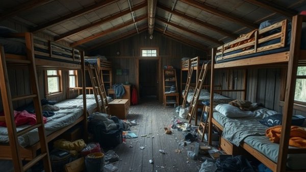 Chaotic camp dormitory showing past storm aftermath from Camp Mystic reopening.