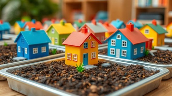 STEM lab flood prevention demo with plastic houses and soil