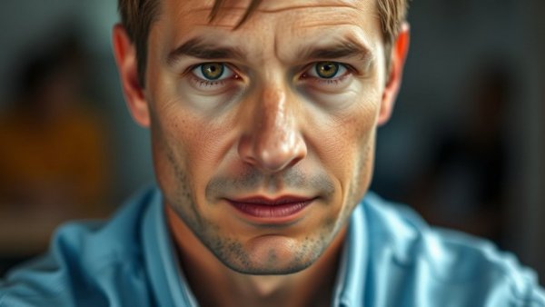 Close-up shot of a man in a blue shirt with neutral expression.