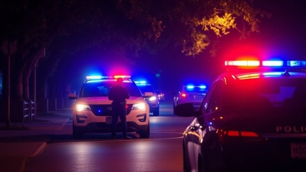 Night police scene in San Antonio with flashing lights.