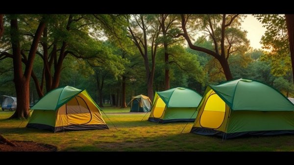 San Antonio news campsite with tents and trees at sunset